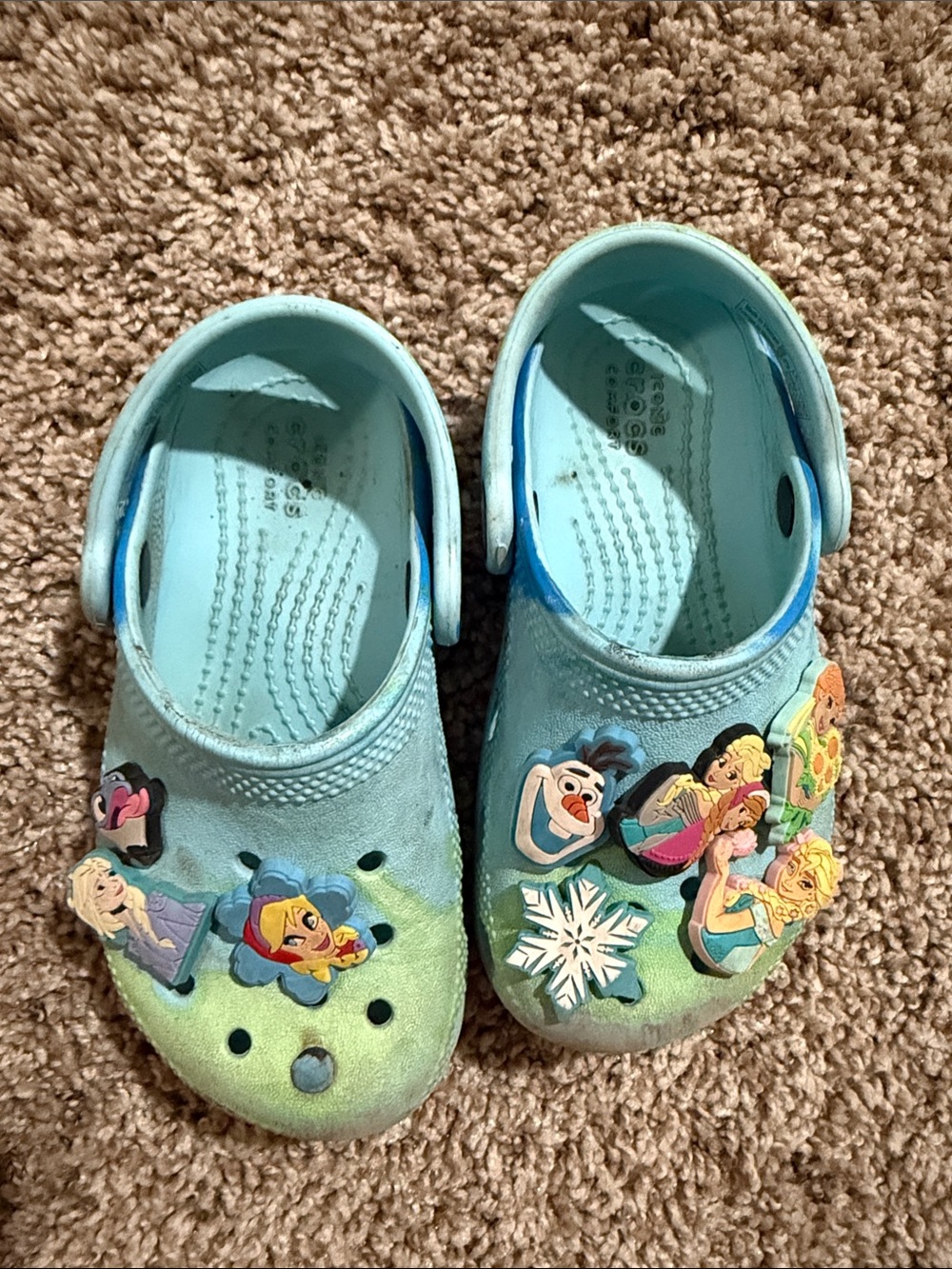 CROCS Light Blue and Mint Kids Clogs with Frozen Charms